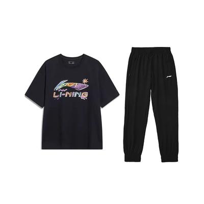 Weekend Youth Letter Print Loose Fit Crew Neck Short Sleeve T-Shirt And Breathable Knitted Long Pants Casual Sports Set AHSU745-1+AYKR465-1