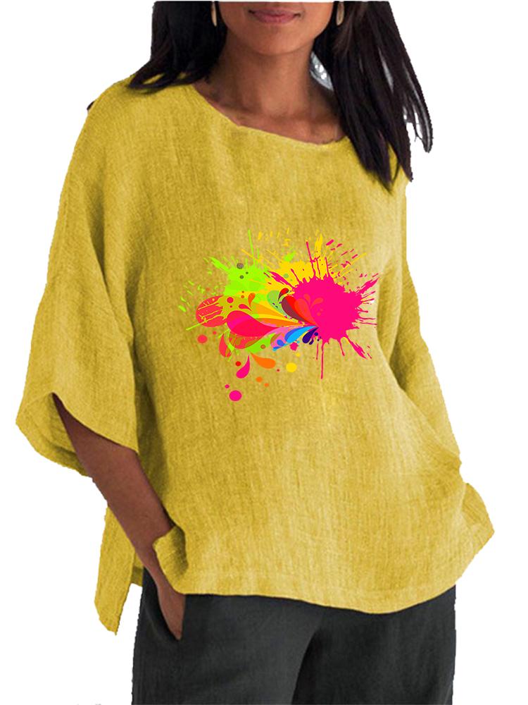 Women Fashion O Neck 3/4 Long Sleeved Shirt Spring&summer Print Cotton Linen Blouse