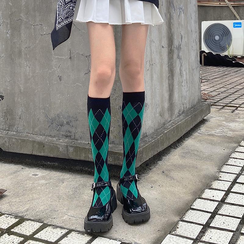 Rhombus Calf Socks Summer Mid Tube Thin Legs Retro Uniform Student Design Socks Trendy Female Harajuku Socks Girls