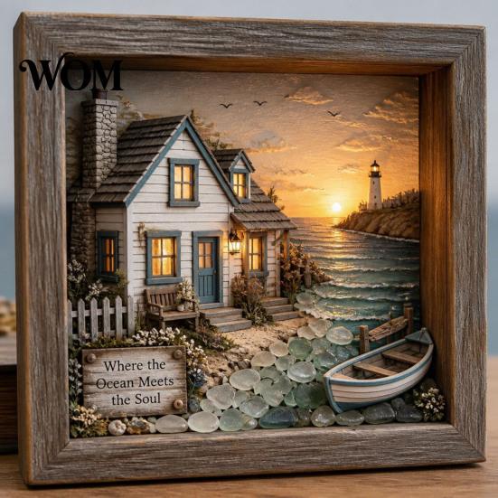 Decorative Picture Frame Sea Glass Art Painting with LED Light, DIY Mosaic Arts and Craft Kit, Light Ocean Themed Beach Kit for Home Office Bookshelf