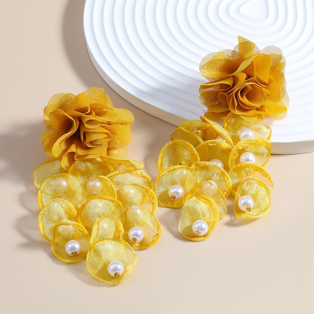 Bohemian Pearl Inlaid Floral Tassel Earrings for Women