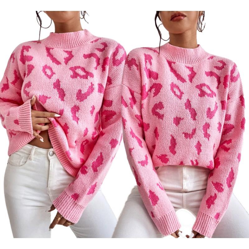 Women S Fashion Round Neck Long Sleeve Pullover Sweater Leopard Print