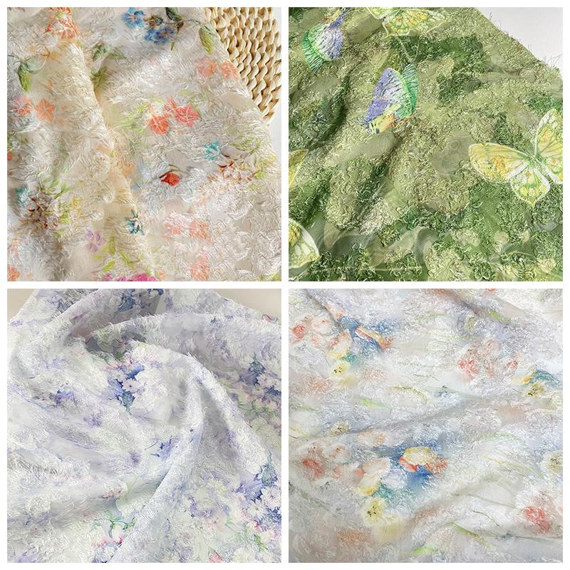 1M Chinesischer Nationalstil Tulpen-Jacquard-Chiffon mit Aquarellmuster Stoff Französisches Retro Hanfu Kleid Nähen für Heimwerker Designerstoff