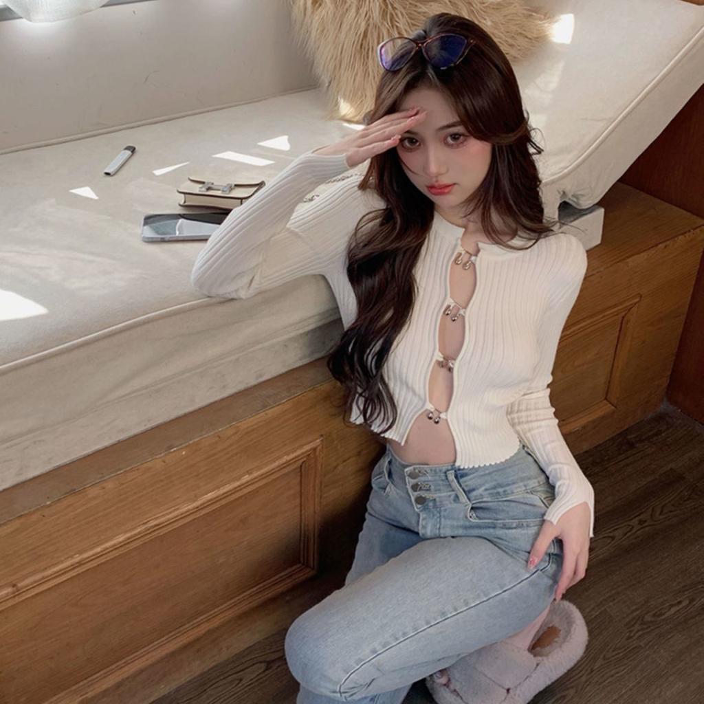 Autumn Korean Sweet Patchwork Solid Color O-neck Long Sleeve Cardigan Ladies Fashion Sexy Buttons Hollow Out Knitting Top Tee