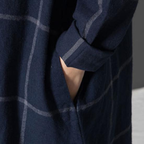 Women's Vintage Plaid Dress Casual Long Sleeve Cotton Linen Dress Fall Loose Fit Checkered Crew Neck Tunic Midi Dress