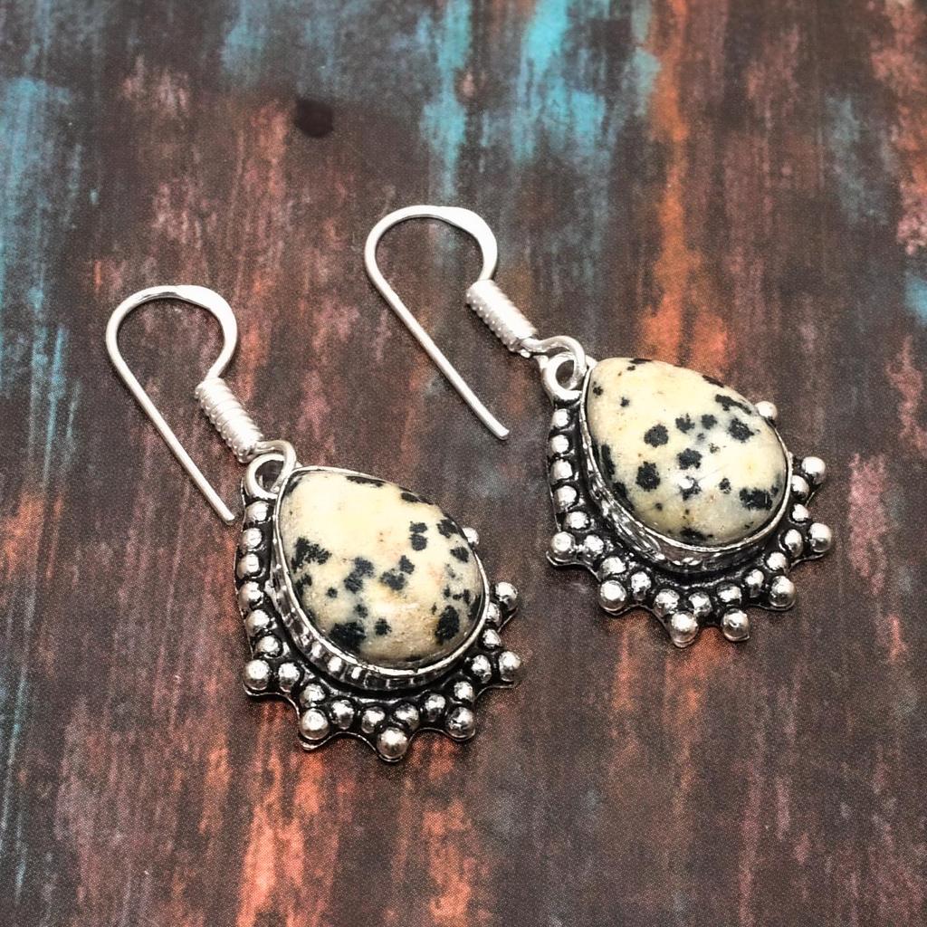 Dalmation Jasper Gemstone Solid  925 Sterling Silver Handmade Earring Jewelry For Her