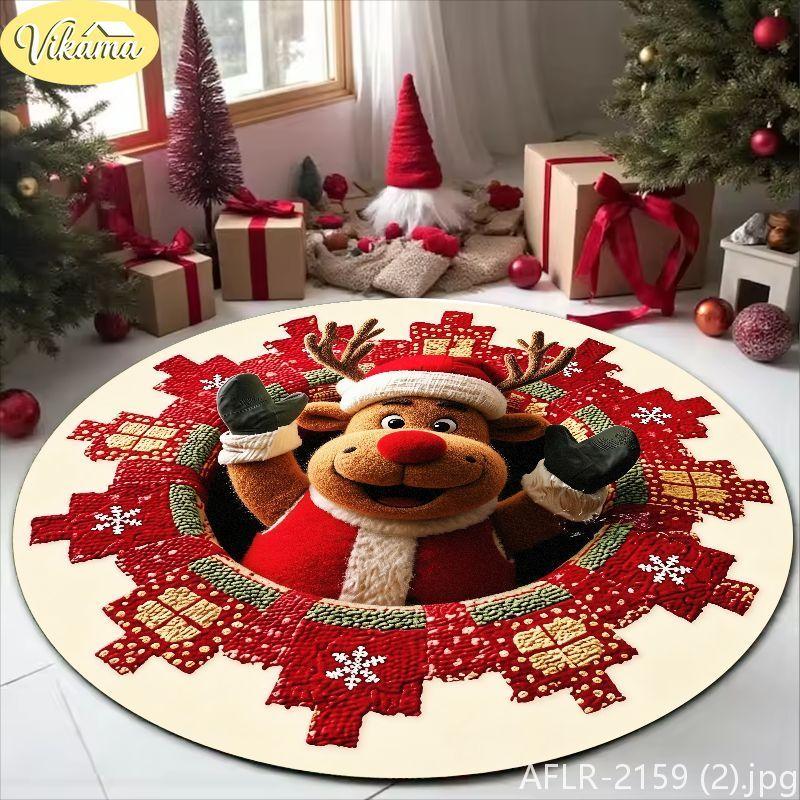 Cute Cartoon Christmas Reindeer Rug Non Slip Absorbent Round Living Room Mat Entryway Rug Washable Festive Home Decor