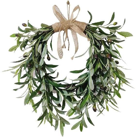 Artificial Olive Garland with Greenery Leaves – Faux Olive Wreath for Front Door, Farmhouse Wall Decor, Hanging Green Wreath for Window or Wedding