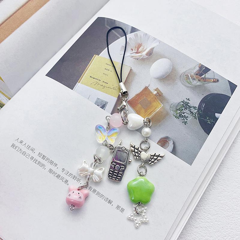 Y2K Aesthetic Phone Lanyard Fresh Sweet Beaded Butterfly Mobile Phone Chain Keychain Girly Cellphone Charms Camera Pendant