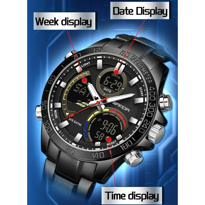 SANDA Electronic Cool Watch Waterproof Alarm Clock Multi Functional Stainless Steel Men's Fashion Quartz Watches