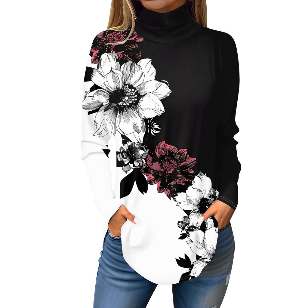 Maglietta da donna alla moda casual con collo alto e stampa a maniche lunghe