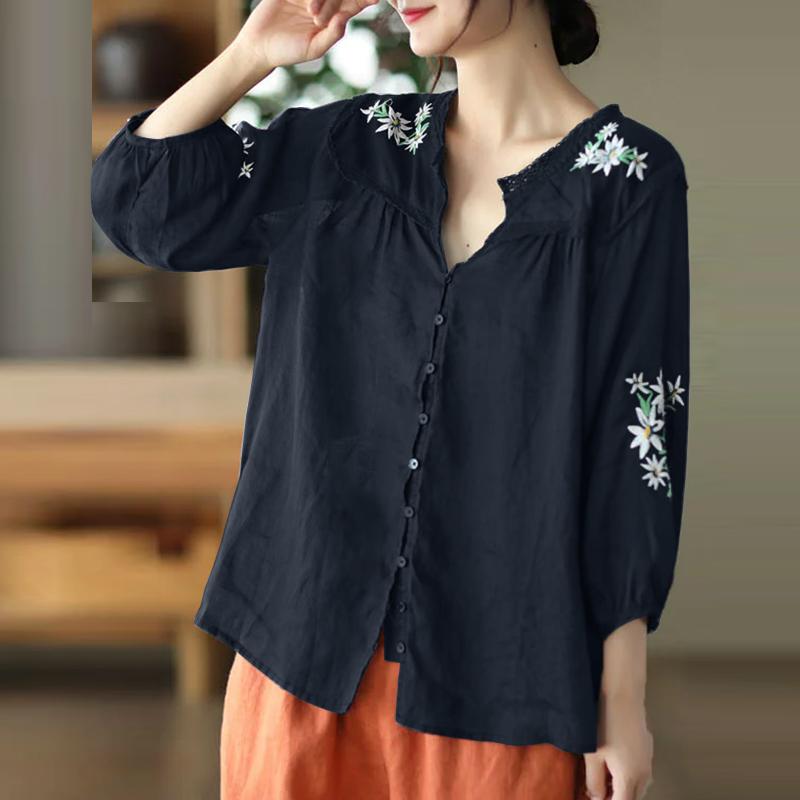 ZANZEA Lässige Bluse mit V-Ausschnitt und 3/4-Ärmeln für Damen