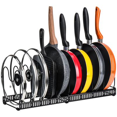 Extendable Frying Pan Rack Kitchen Pot Storage Rack with 10 Dividers for Frying and Pot Lids Pans, Pots, (Black)