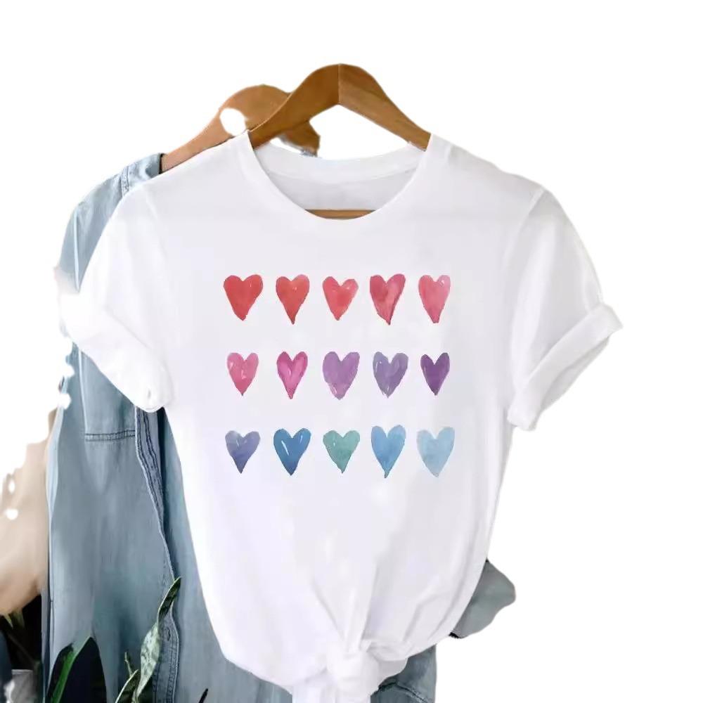 Sommar Rundhalsad Tryckt Topp Trendig Vardaglig Söt Kortärmad Dam Ren Bomull Ren Vit T-shirts