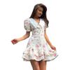 French V-neck Bubble Sleeve Dress, European and American Summer Waist Print Short Dress, Ruffle Leaf Edge Dress