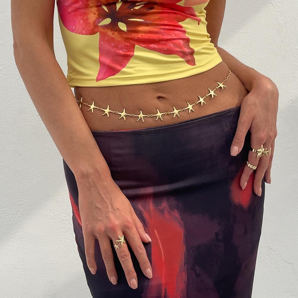 

Silver Starfish Ring Set Adjustable Star Waist Chains Bangle Shell Ring Holiday Gold-Ring Set