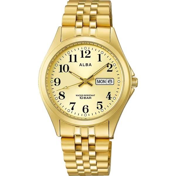 SEIKO ALBA AQGK469 Stainless Steel Gold Color 10 ATM Water-Resistant Watch Price Day-Date Men's