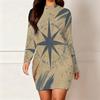 Women Plus Size Round Neck Long Sleeve Printed Beige Bodycon Mini Dress