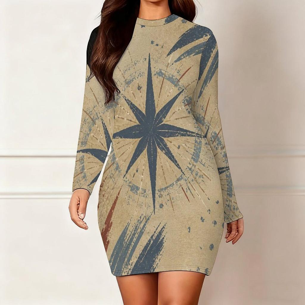 Women Plus Size Round Neck Long Sleeve Printed Beige Bodycon Mini Dress