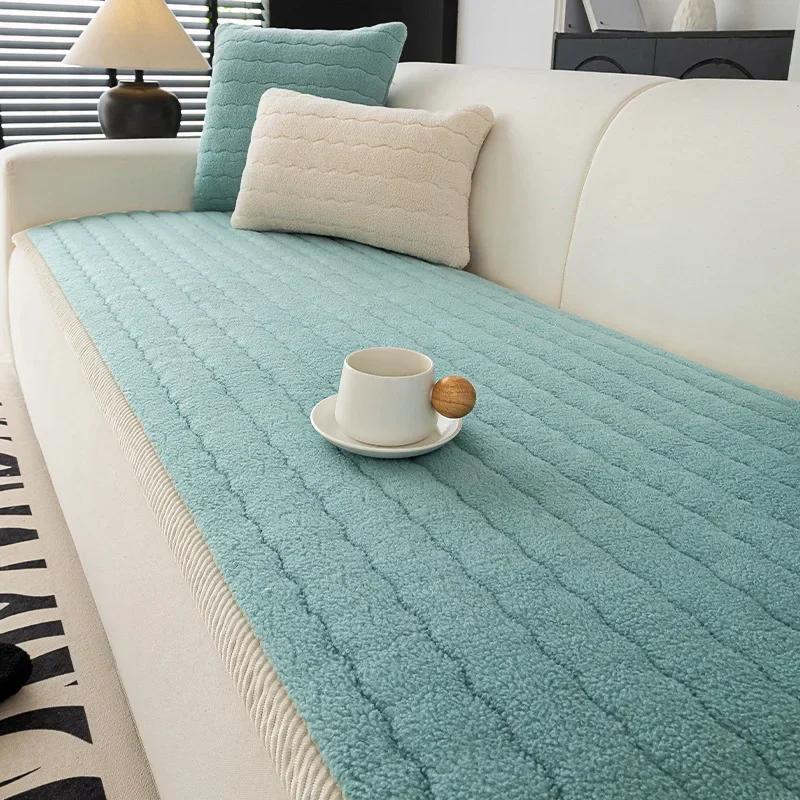 Solid Color Berber Fleece Sofa Cover Straight Row One-Piece Sofa Cushion Winter Thickened Non-Slip Couch Mats Window Sill Cushio