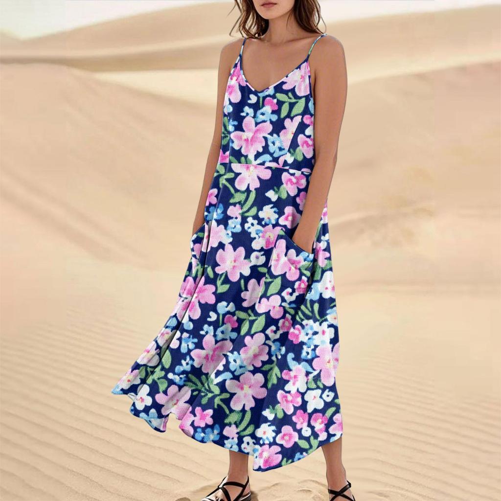 Women's Fashion Casual Floral Print Sleeveless Pocket Long Beach Dress