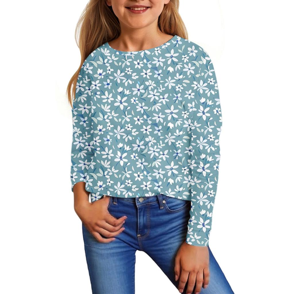 Children's Long Sleeve Tops Casual Print T Shirt Round Neck Pullover Blouse