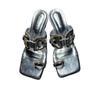 2025 Summer New Open Toe Women's Modern Slippers Square Toe Metal Decoration Med Heel Sandals Dress Thong Slippers