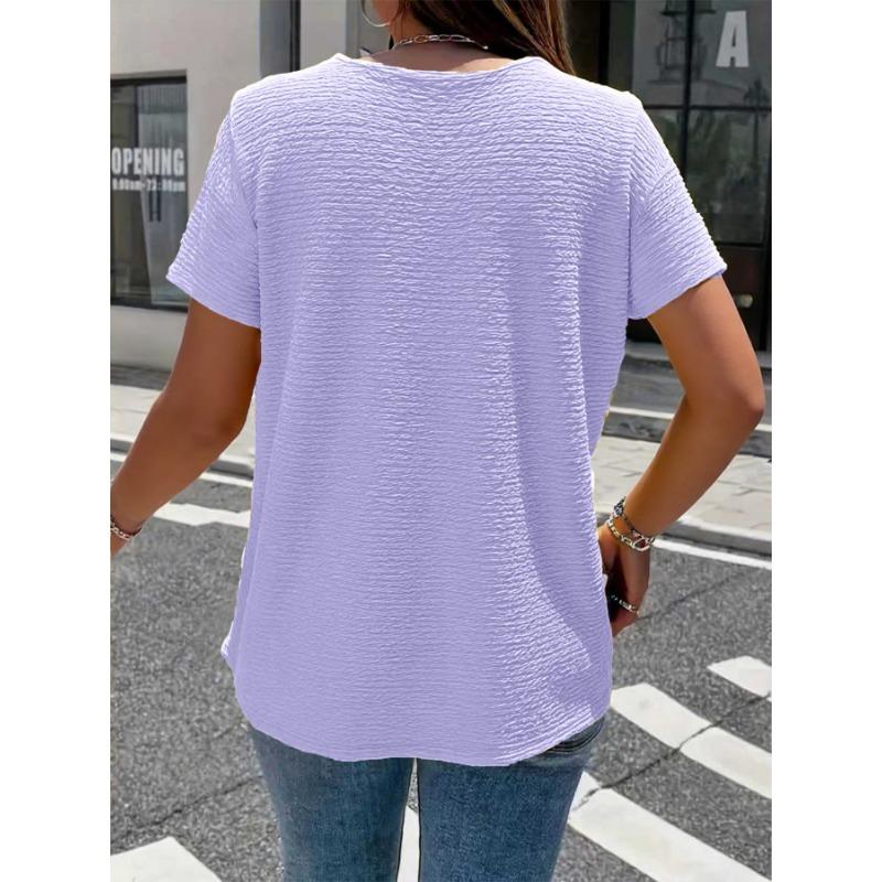 Camiseta Elegante Gola Boneca Tamanho Grande para Mulheres Cor Sólida Manga Curta Botões Plissados Tops Verão Solta Casual Simples Doce Camisa Roupa Feminina