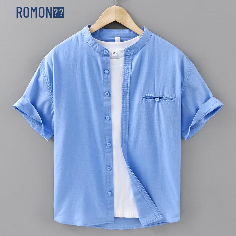 ROMON Men s Chinese Style Cotton Linen Stand-Collar Short-Sleeve Shirt L