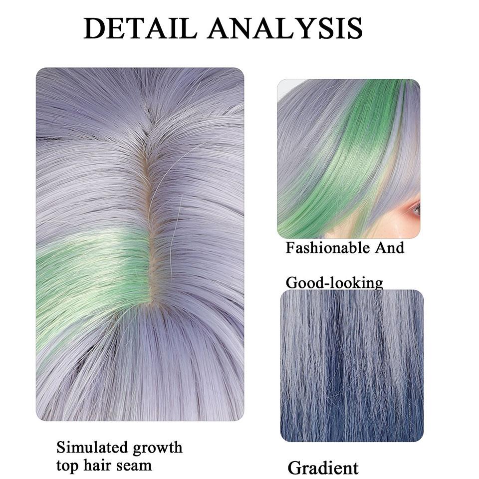 Y2K Synthetic Lolita Cosplay Wig Green Blue Hair for Cosplay Party Long Straight Wigs for Women Blue Green Highlight Dyed Bangs