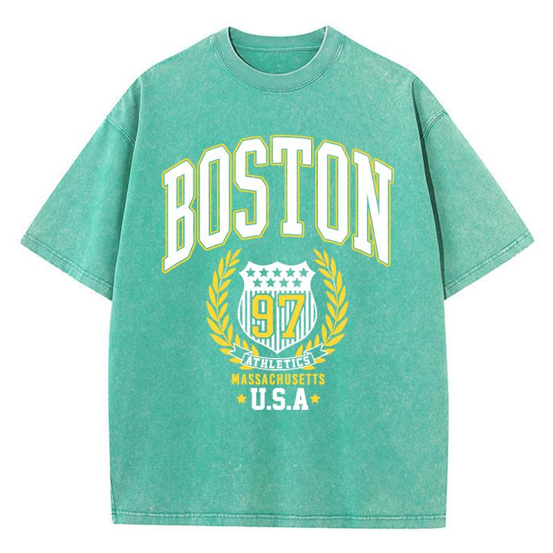 Vintage Womans Acid Wash T-Shirts Boston Athletics Badge Prints Tops Crewneck Cotton Oversize Tee Shirts Clothes