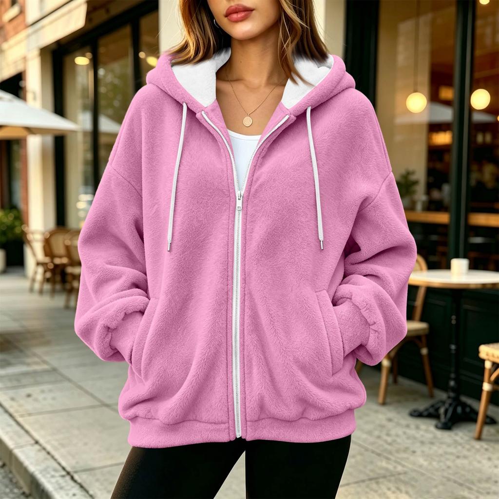 Sweat à capuche zippé pour femme, manches longues, coupe ample, veste décontractée de couleur