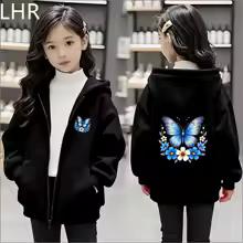 Butterfly Flower Girl Pink Hoodie Zip Up Cardigan Tops Black Hoodies 3-12 Year Zipper Style Children Red Autumn Coat