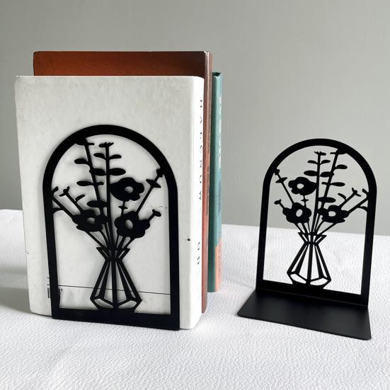 1 Pair Flower Metal Bookends Decorative Flower Vase Book Ends for Shelves Black