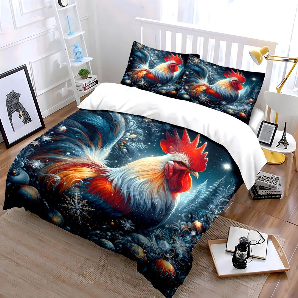 3Pcs Christmas Rooster Bedding Set, Festive Rooster with Snowflakes and Ornaments Print Duvet Cover + 2 Pillowcases,Decor gift