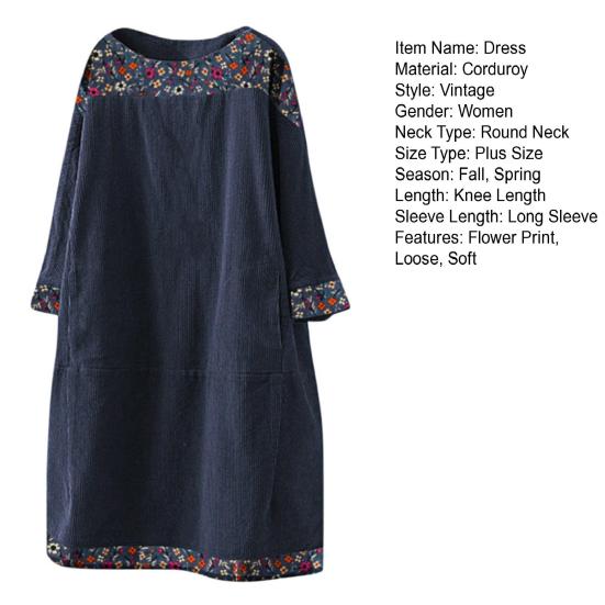 Dámské jarní šaty Velké velikosti Volný svetr Délka ke kolenům Kulatý výstřih Udržujte v teple Květinový potisk Patchwork Dámské šaty Dámský oděv