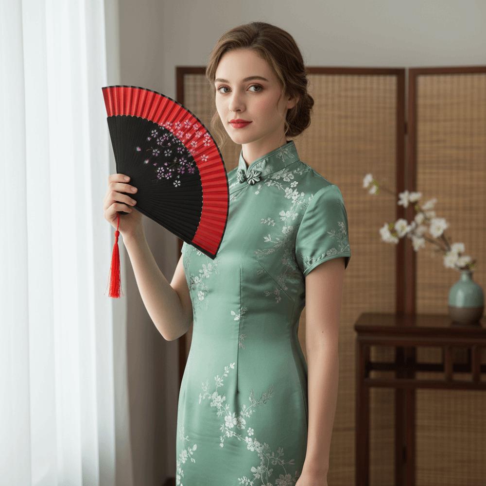 Chinese Style Tassel Folding Fan Exquisite Kimono Fan Blossom Printing Folded Fan Home Decoration