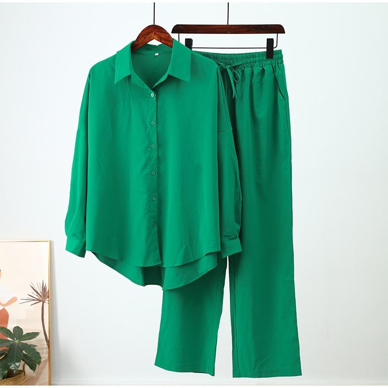 Summer Outfits for Women Fashion Loose Elastic Wrinkle Long Sleeve Shirt Wide Leg Pants Casual Set for Women 2 Piece Set