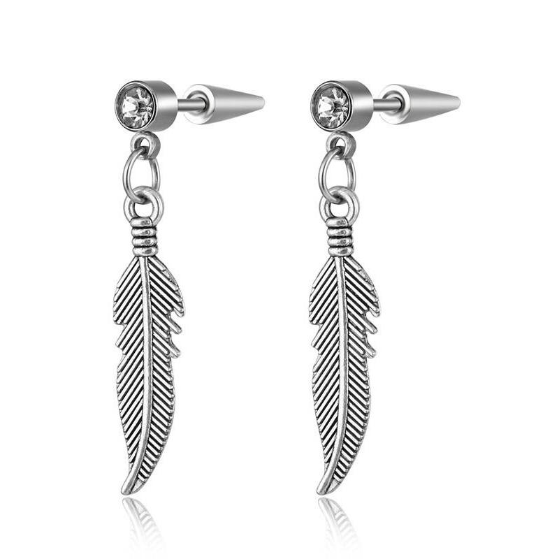 Special Punk Vintage Leaf Stud Drop Earrings For Women Men Jewelry Accessories Silver Color Stainless Feather Earring Brincos