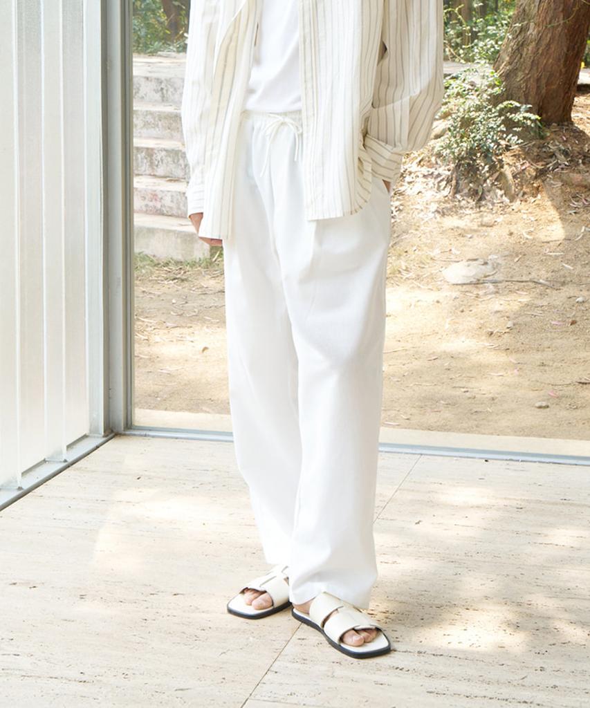 MOOD INSIDE Single-Pleat Linen-Like Wide Elastic Pants_White
