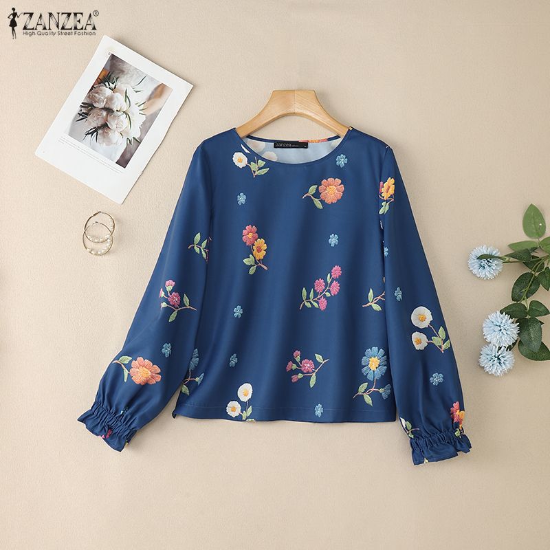 ZANZEA Women Casual Round Neck Long Sleeve Loose Print Blouse