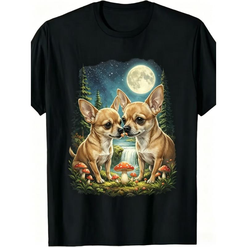 Retro Chihuahua Moon Print Tshirt Vintage Forest Graphic Short Sleeve Tops Unisex Unisex Casual Loose Streetwear Daily Wear Tee