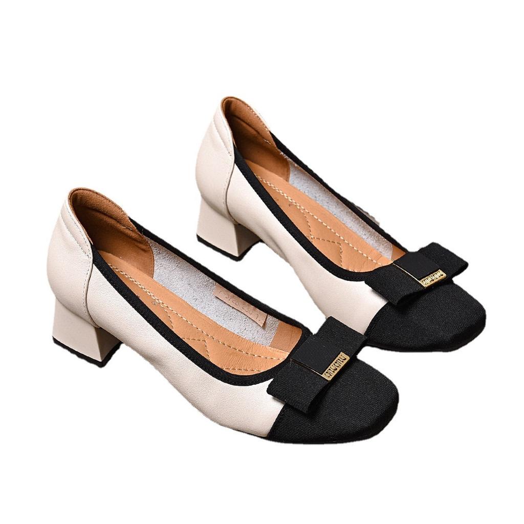 Square Head High Heels Women's New Temperament Cowhide Color Matching Light Mouth Single Shoes Soft Sole Soft Surface Fashion Shoes