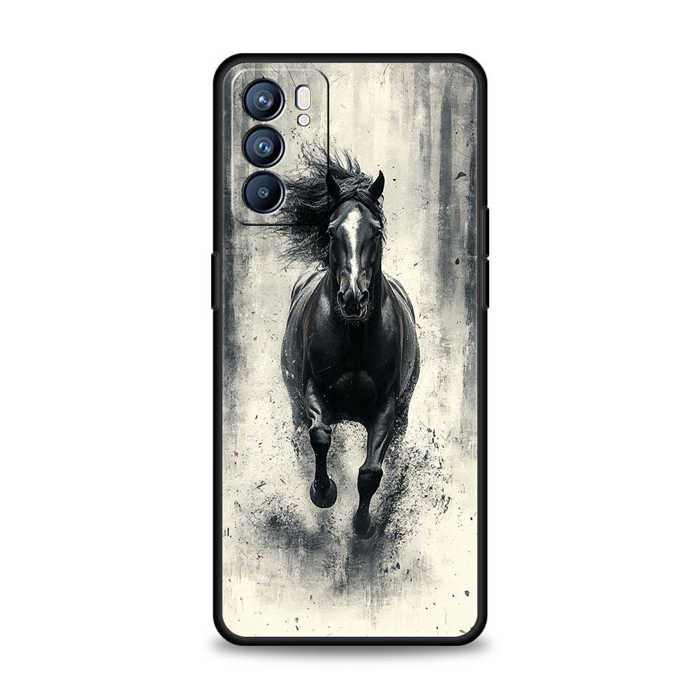 Black White Horses Galloping Case For Oppo Reno13 Reno12 Reno11 F Reno10 Pro A54 5G Find X5 A53 A52 A9 A17 4G A79 A80 A98 Cover