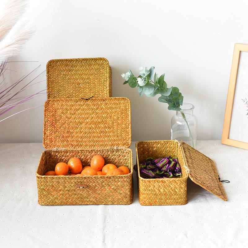 Handmade Cattail Straw Woven Gift Box & Storage Basket