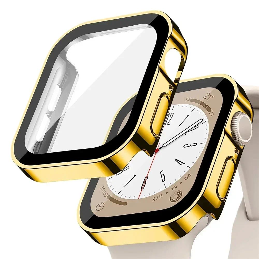 Glass+Case For Apple Watch 42 46mm 45mm 41mm 49mm 44mm 40mm Straight Edge Screen Protector Cover Case iWatch SE 6 7 8 9 10 Ultra
