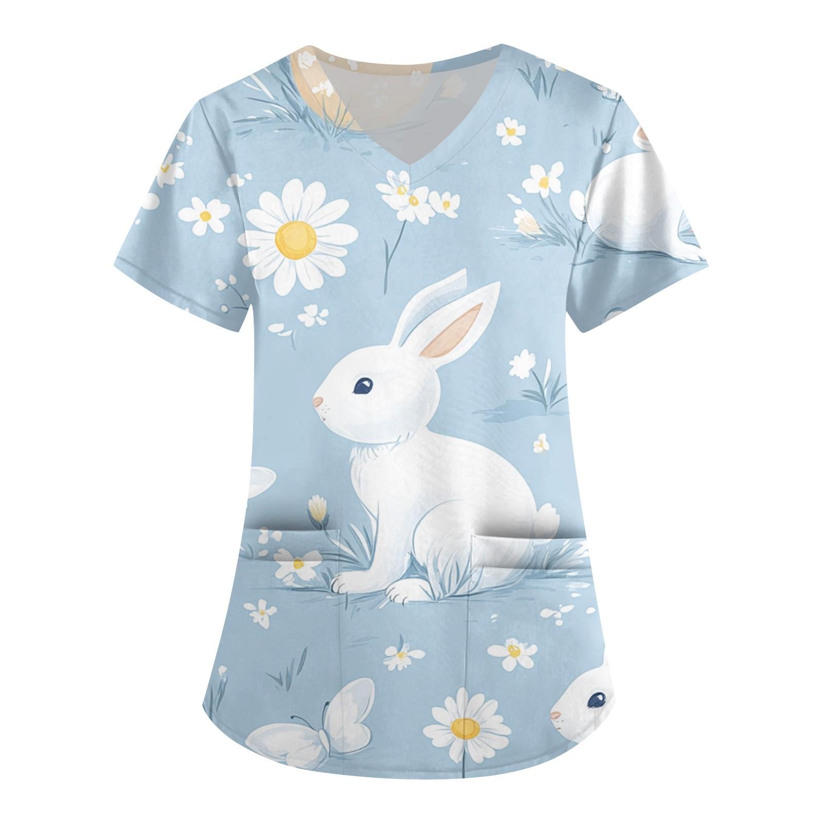 

Женская модная рабочая одежда с V-образным вырезом и короткими рукавами, с карманами, с принтом в виде пасхального топа, одежда для ухода XL белый