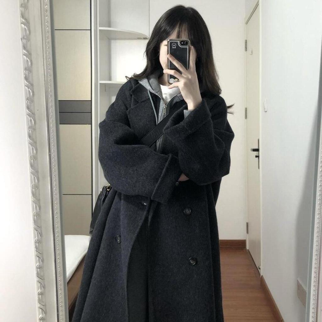 Luźny wełniany płaszcz średniej długości w stylu koreańskim na jesień/zimę 2025 dla kobiet