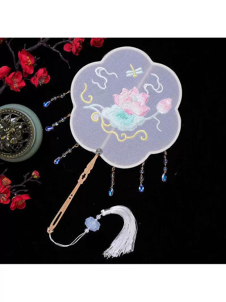 Traditional Chinese Fan for Children, Summer Hanfu Dance Fan for Girls, Embroidered Ancient Costume Fan with Tassel Pendant, Unique-Shaped Fan