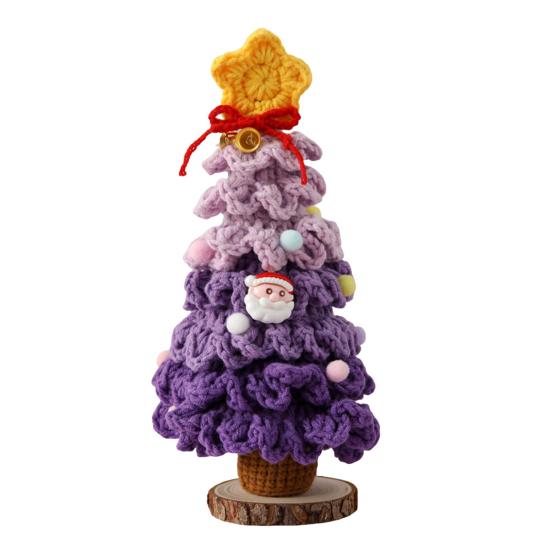 Yousheng Crochet Christmas Tree Small Handmade Multi-layered Knitting Xmas Tree with Woodgrain Base for Winter Tabletop Home Room Party Decor